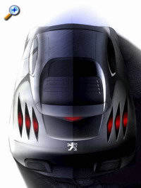 dessins du concept-car PEUGEOT 908 RC: Sur cette vue de derrière, on se rend compte que les premiers dessins des phares étaient nettement différents des phares qui seront retenus pour le prototype final de la Peugeot 908 RC.